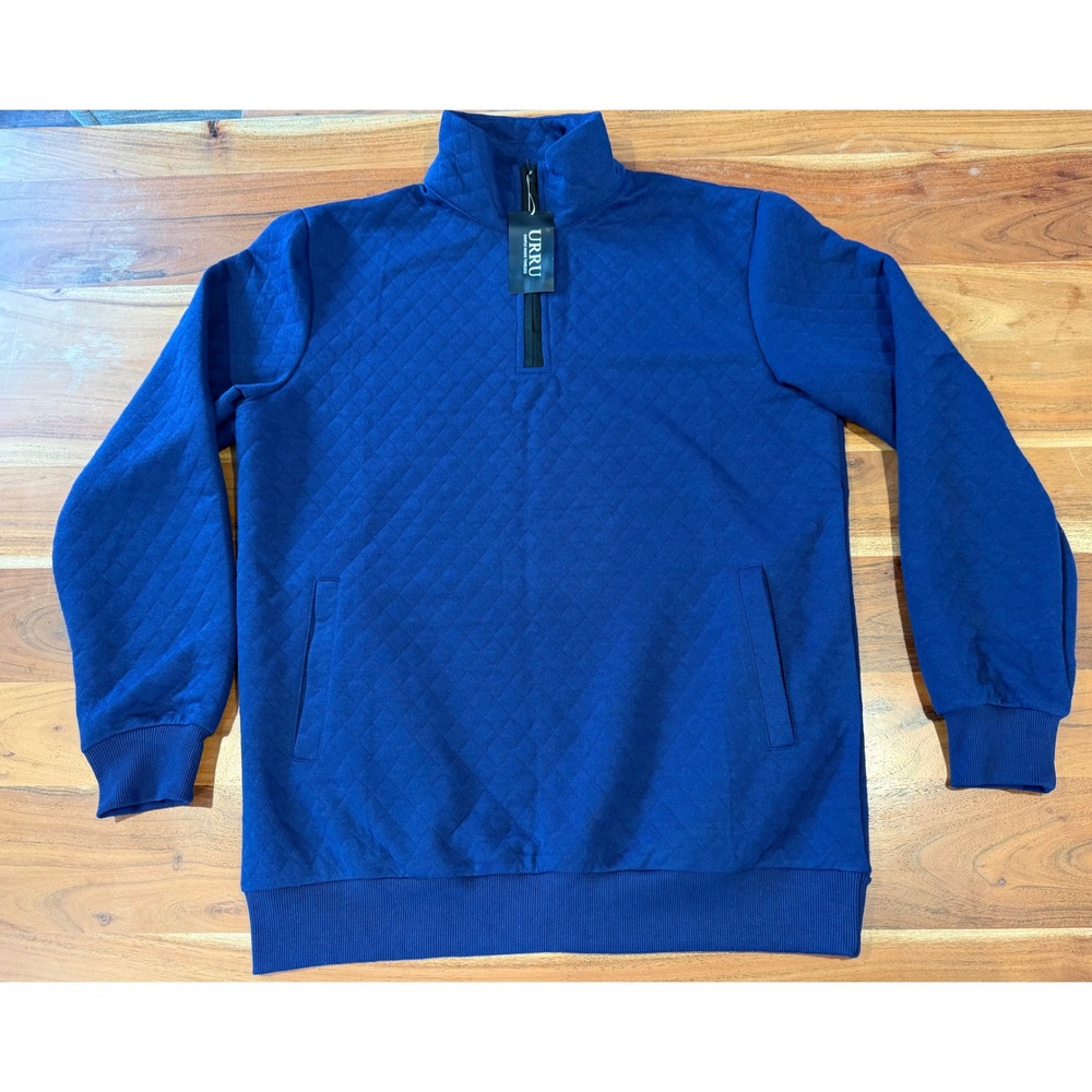 URRU Mens Navy Blue Quilted Quarter Zip Pullover Sweatshirt Mock Neck Size M